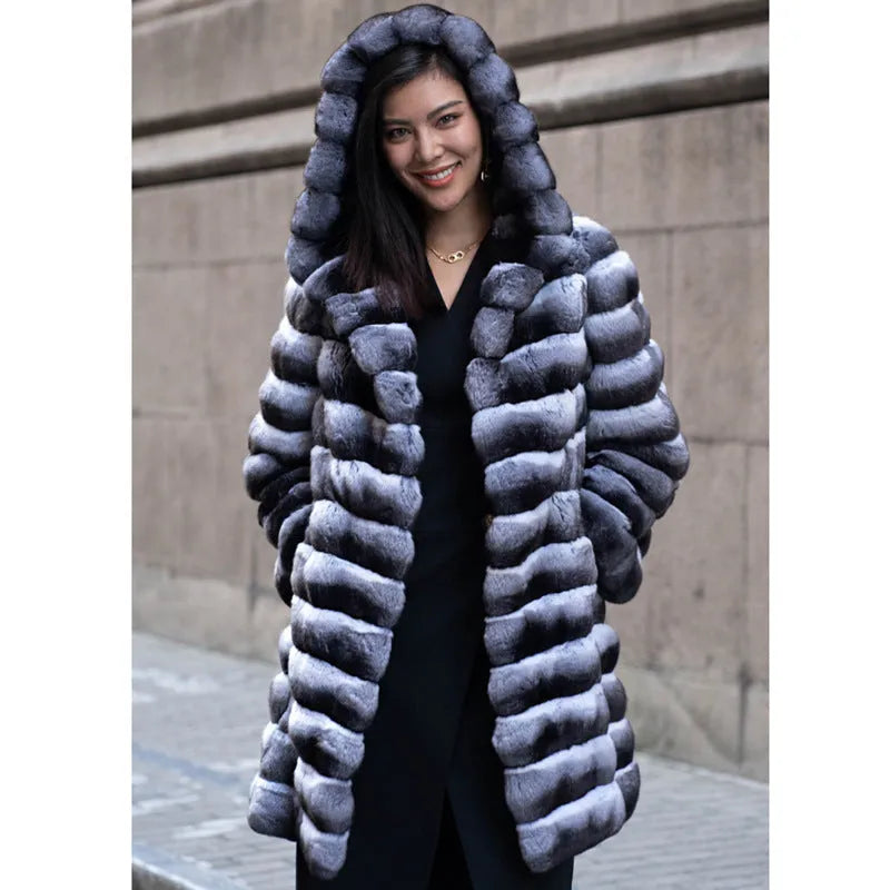 Women's zebra stripe pattern faux fur coat with artificial mink hair fabric, medium length