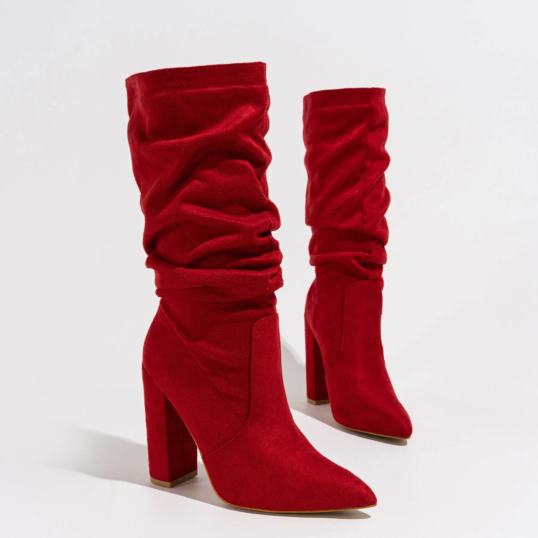 Women's chunky heel pointed-toe suede boots in black colour with 8cm+ heel height and middle calf length