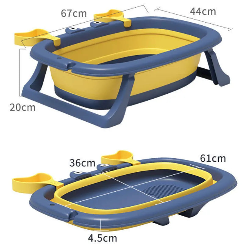Blue foldable plastic pet bathing tub for small dogs and cats, shown in use and folded for storage.