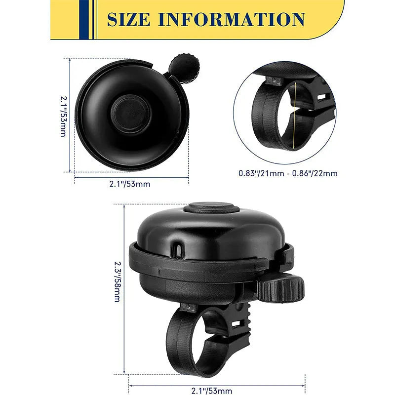 Black ABS plastic bicycle bell with 58mm diameter on a handlebar.