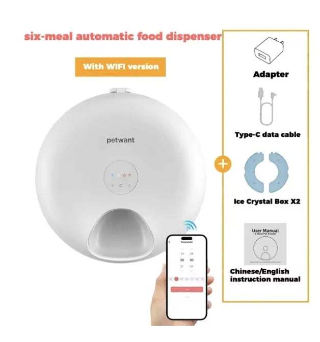 Donut Frost WiFi automatic pet feeder with app control display, six food compartments, and two ice packs.
