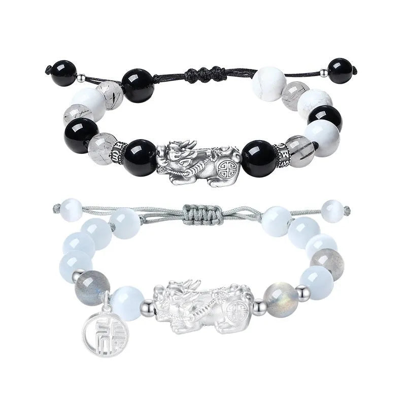 Hand-woven sterling silver couple bracelet with animal tassel decorative elements