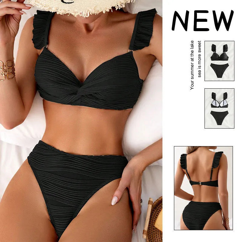 Women's solid colour beach bikini swimsuit in black or khaki, sizes S to XL, 100% polyester construction