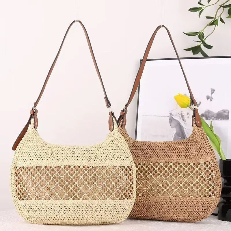 Women's casual straw cross body bag in khaki colour with a sandwich pocket and horizontal square shape.