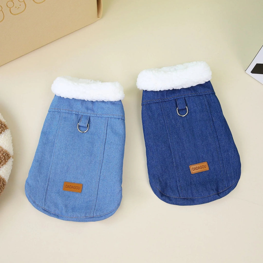 Blue denim cotton coat for a corgi dog, shown in dark and light blue colour options.