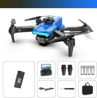Black or blue dual-lens toy drone with four-channel remote, optional optical flow positioning, and 4K-listed camera
