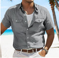 Men's linen summer shirt with polo collar in grey, green, or sky blue, showing loose cardigan style and long sleeves