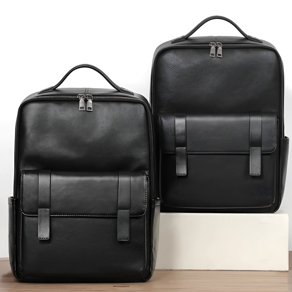 Men's black genuine leather large capacity computer backpack with woven details.
