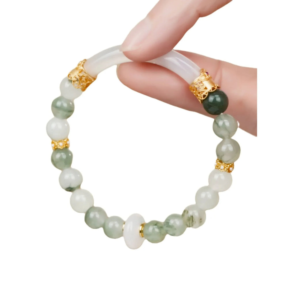 Emerald green Tian Shan jadeite half bracelet with floating flower girl design and round elements