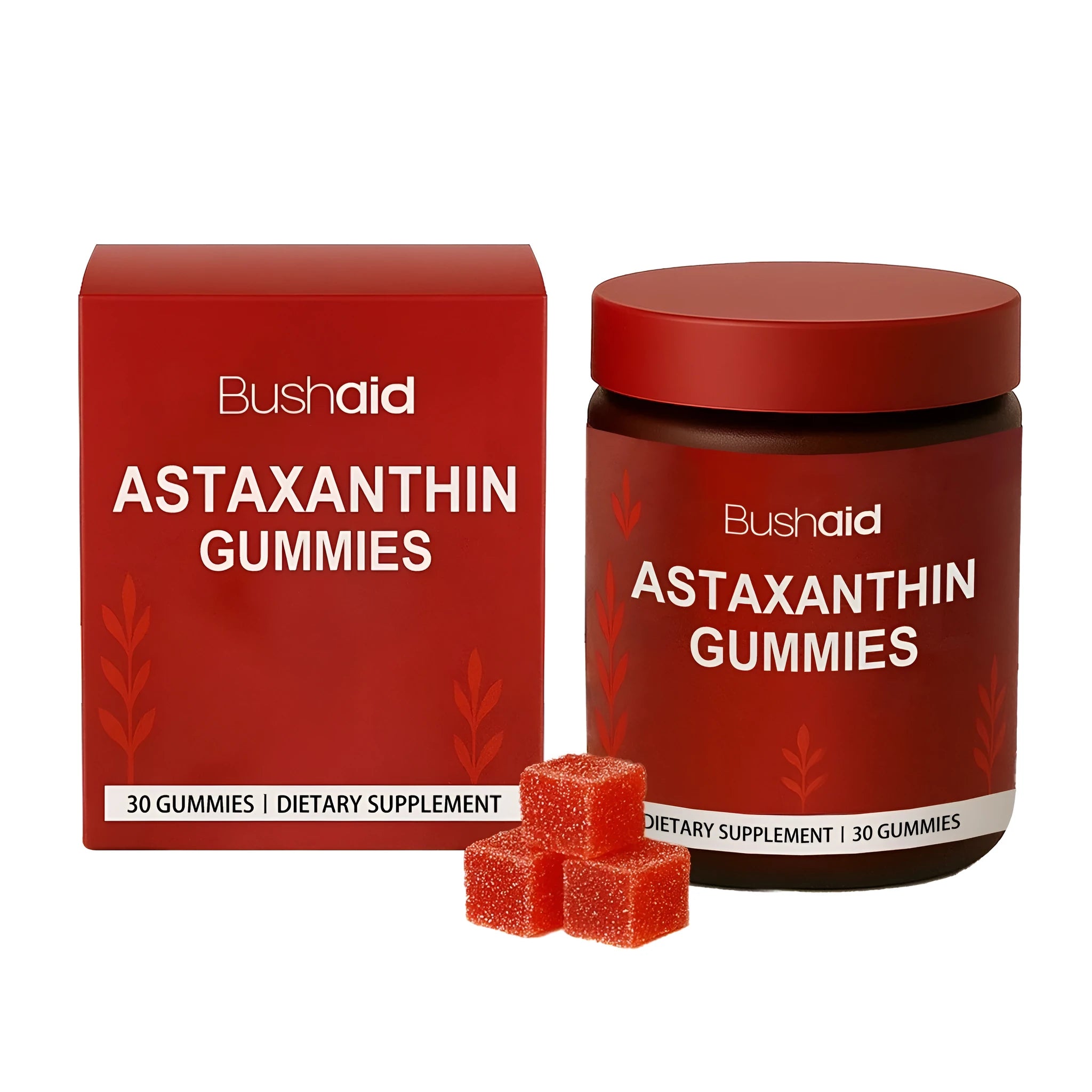 Pack of 30 astaxanthin supplement gummies with 12 mg astaxanthin, Vitamin C, and Zinc.