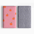 Colourful double-sided cotton pet blanket with dinosaur print, shown next to a dog bed.