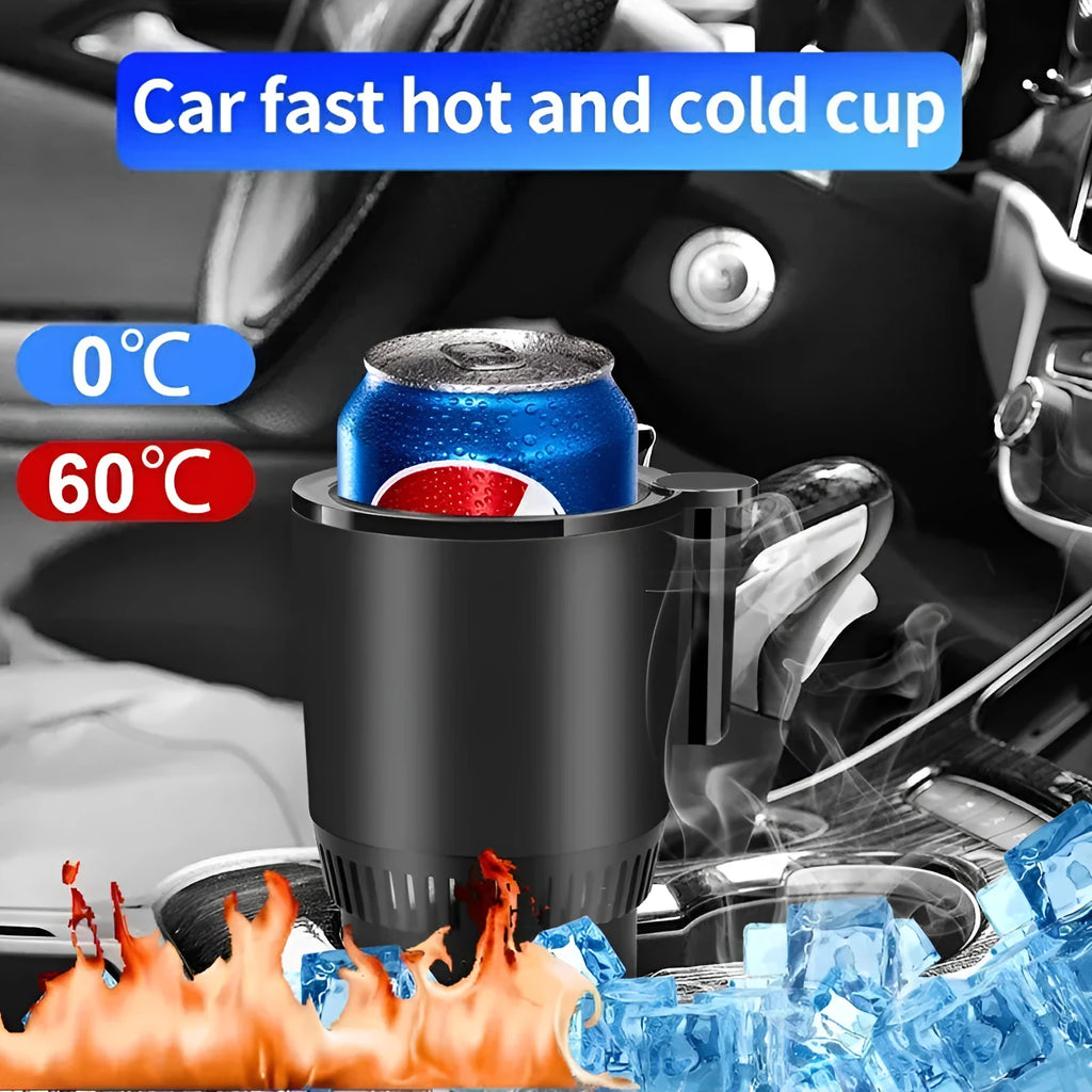 Black car cup holder drink warmer and cooler with digital temperature display showing heating function
