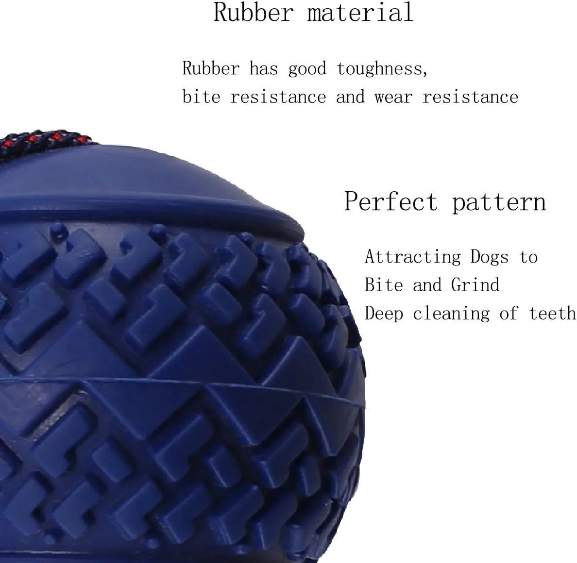 Blue dog ball with rope toy showing 6.5cm rubber ball and 29cm rope for dental cleaning and tugging games