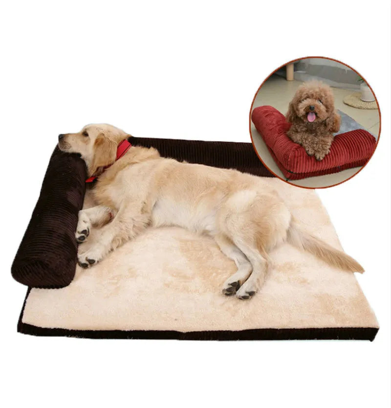 Corduroy pet sofa bed in grey with high-density sponge padding and non-slip base, size L for pets under 60 kg