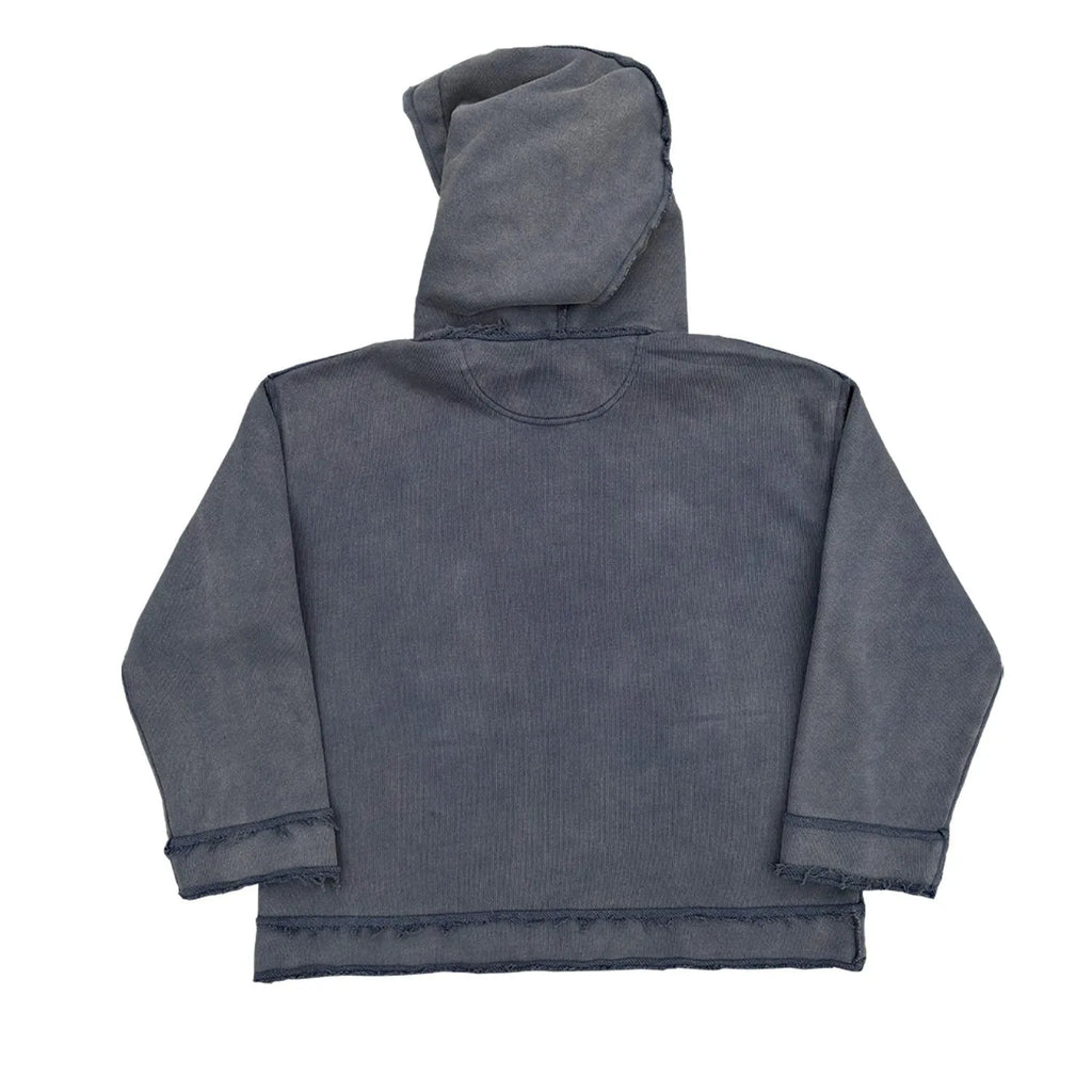 Dark blue cotton hoodie sweater with a crewneck and front kangaroo pocket.
