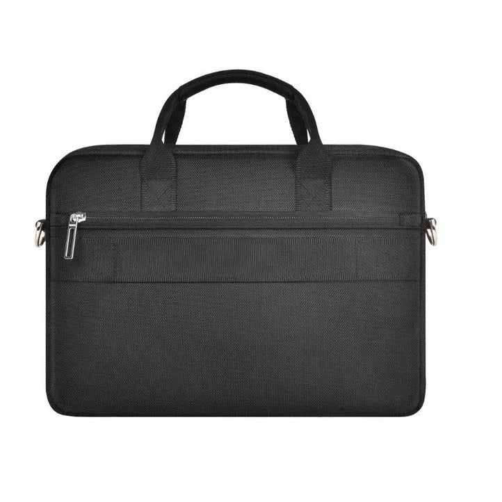 Black multi-pocket laptop handbag with separate computer compartment, Oxford cloth material, lock feature, and organised storage design