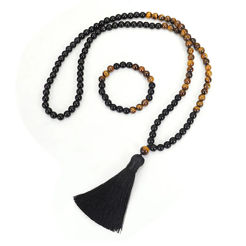 Tiger eye stone tassel chain necklace with ball beads and drop pendant