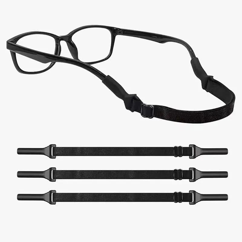 Black adjustable glasses cord with silicone earpiece tips on spectacles