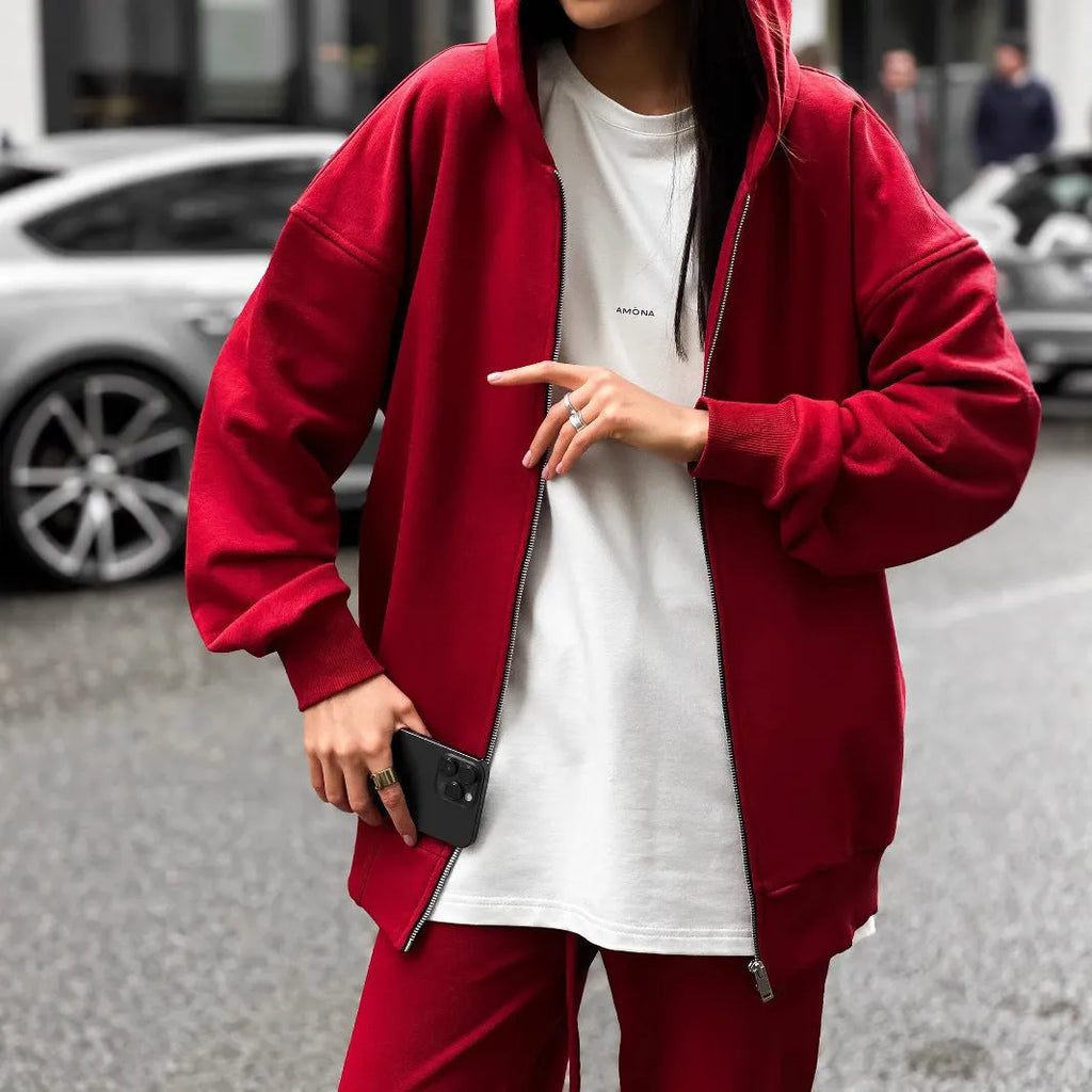 Red loose-fit long sleeve coat and trousers street style two-piece set on a hanger