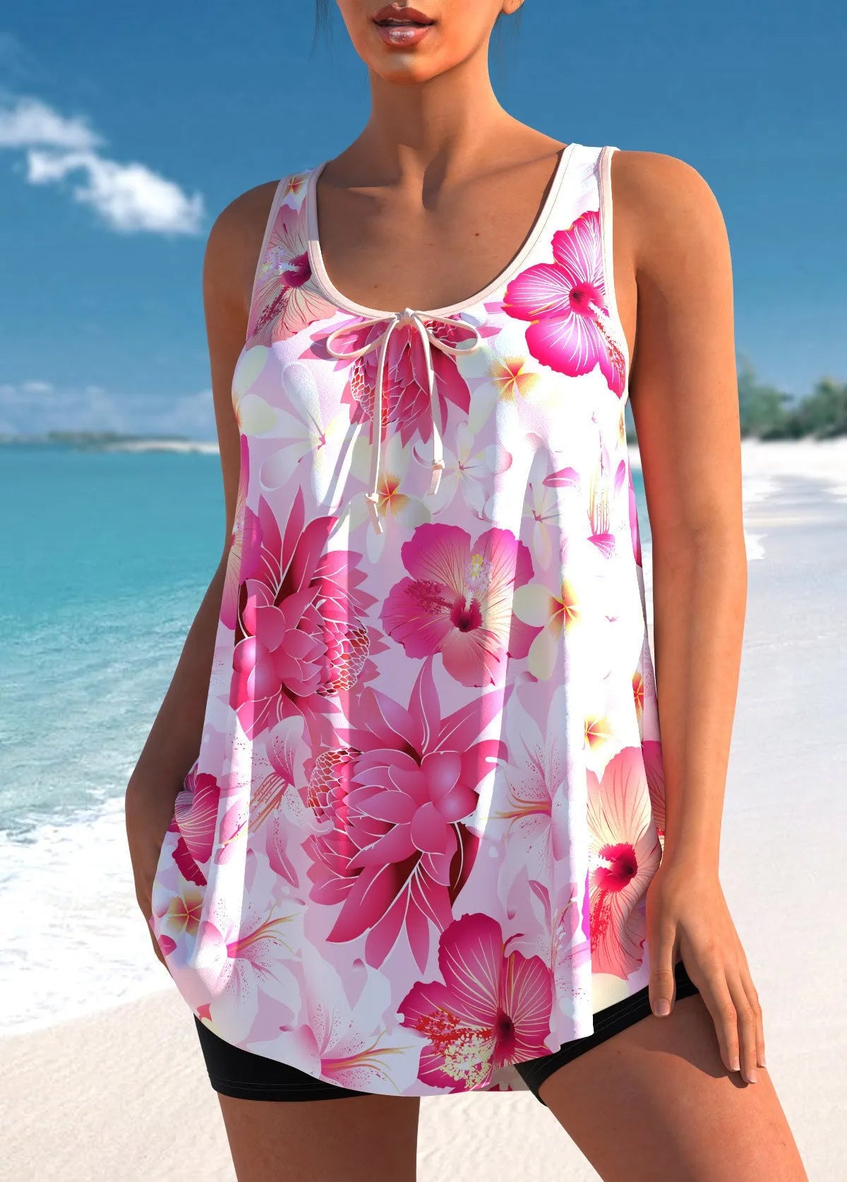 Plus size women's pink floral printed tankini swimsuit set with backless top and high-waisted briefs.