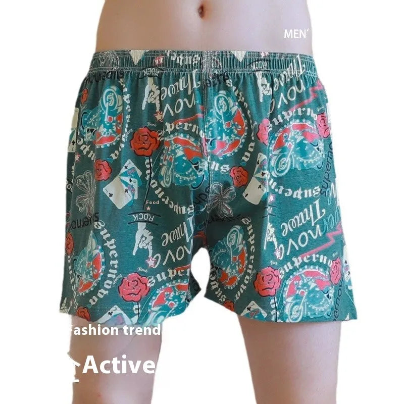 Cotton printed men's boxer shorts in grey blue green patterns with loose mid-waist fit
