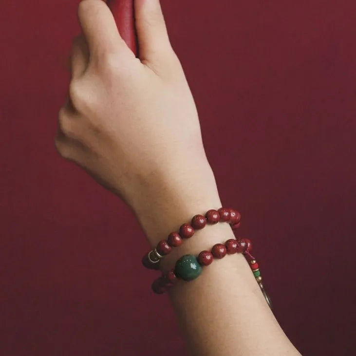 Bird's eye bodhi double circle bracelet showing hand-processed natural seeds in retro cartoon style