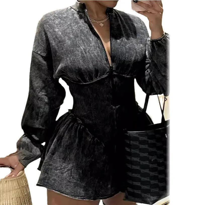 Grey slim-fit A-line dress with drawstring waist and long sleeves, digital printing on polyester fabric