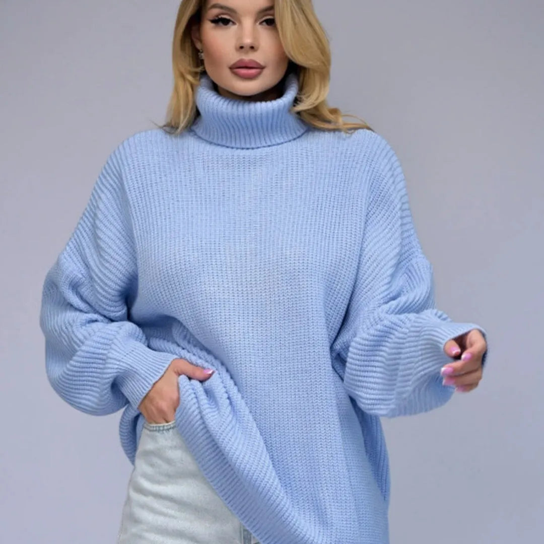Women's high neck pullover sweater in thick imitation cashmere with 3D pattern, 50cm length, available in sky blue, dark red, green, black, gray, white.