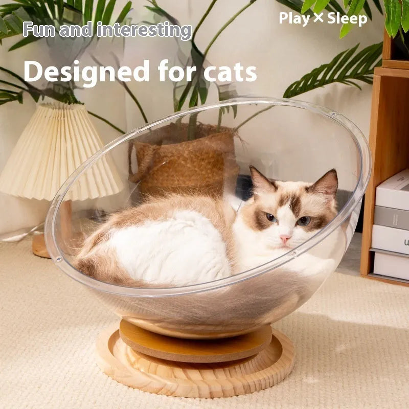 Transparent acrylic space capsule cat bathtub pet bed with turntable design