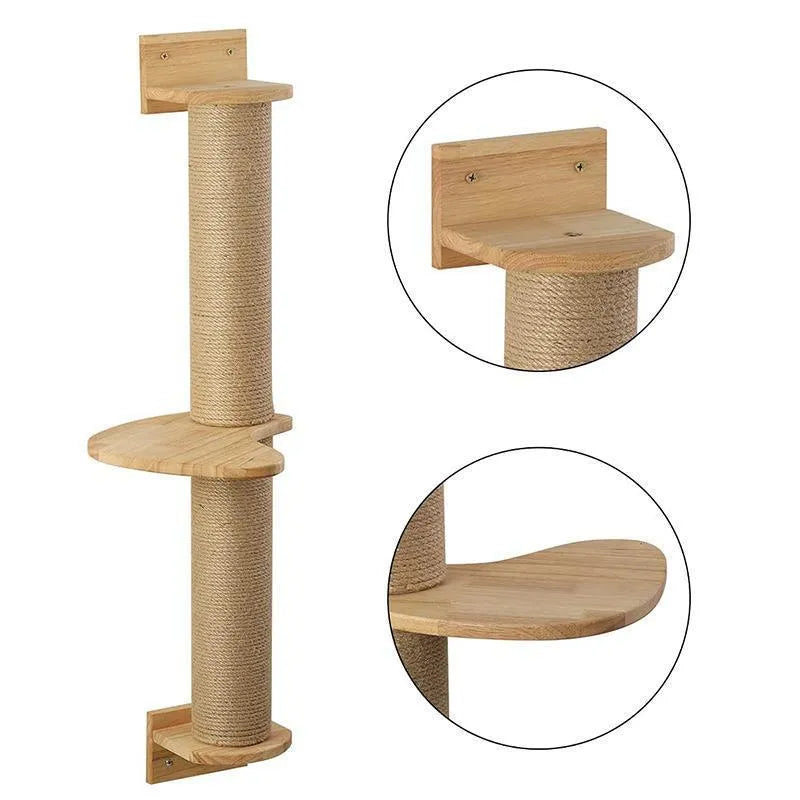 Wooden wall-mounted cat climbing frame with khaki sisal rope scratching surface