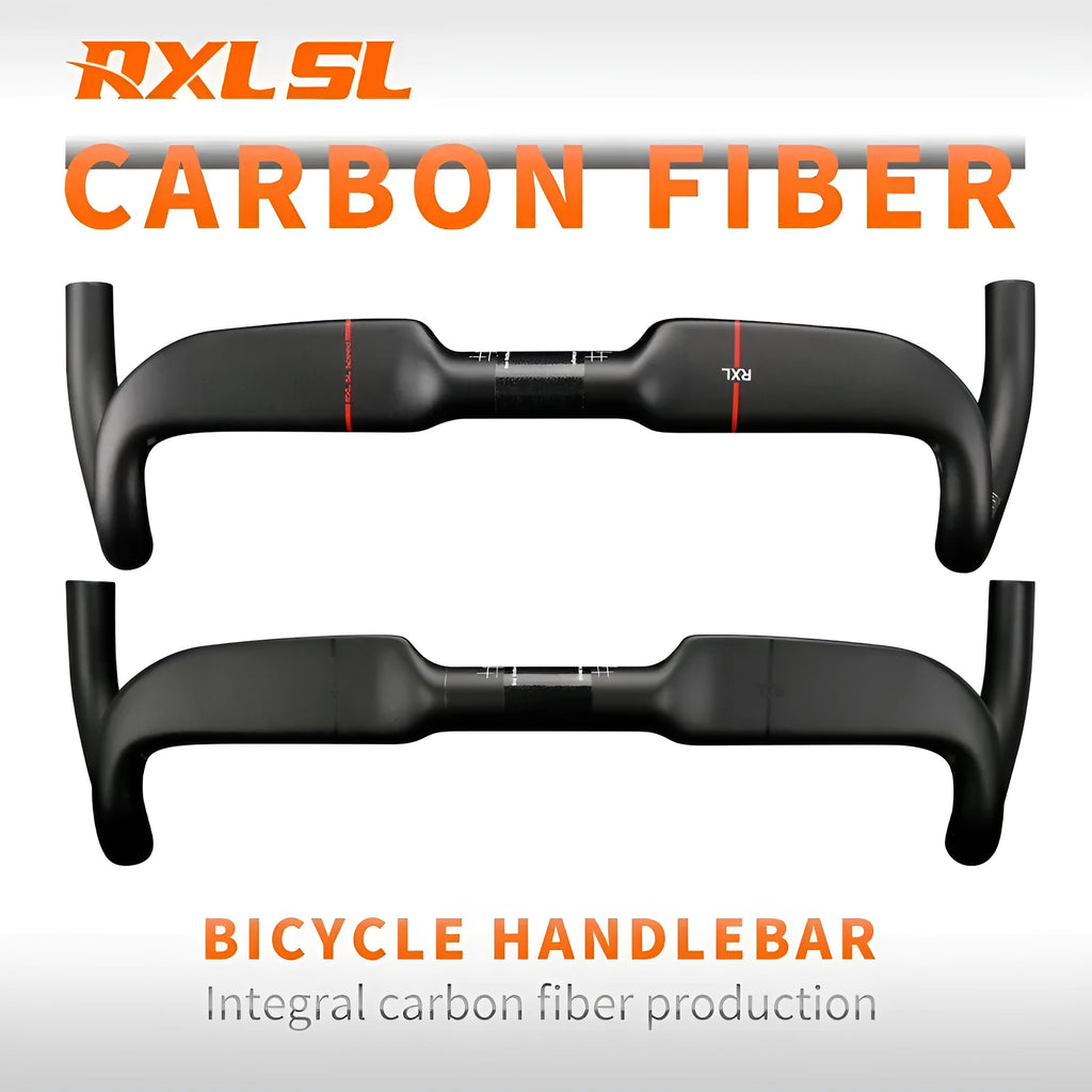 Carbon fibre road bicycle handlebar with double line graphic in black, shown from above.