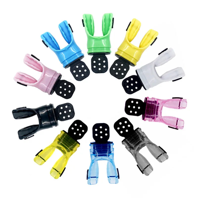 Plastic free edible silicone diving mouthpiece in assorted colours showing 110mm length.