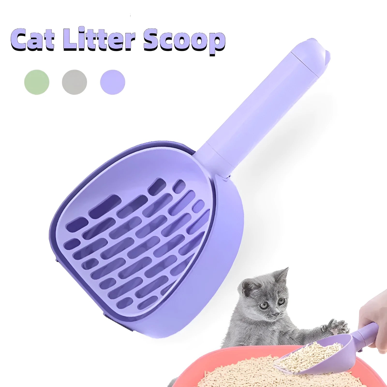 White ABS plastic cat litter scoop standing on a matching storage base with integrated waste bag roll.