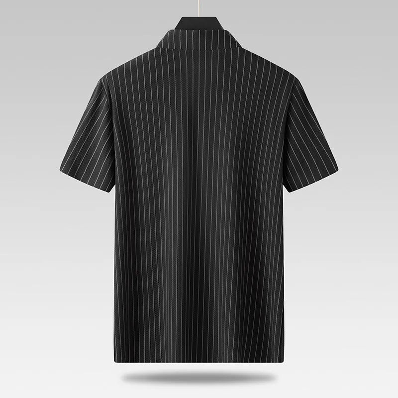 Men's plus-sized black striped ice silk shirt with square collar loose fit casual style