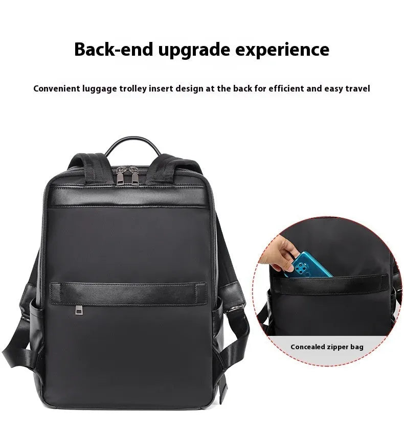 Men's black genuine leather large capacity computer backpack with woven details.