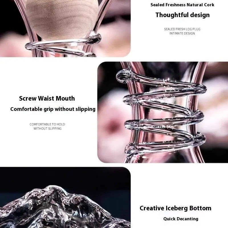 Transparent lead-free crystal glass wine decanter with 1000ml+ capacity for red wine aeration, shown with optional wooden ball plug