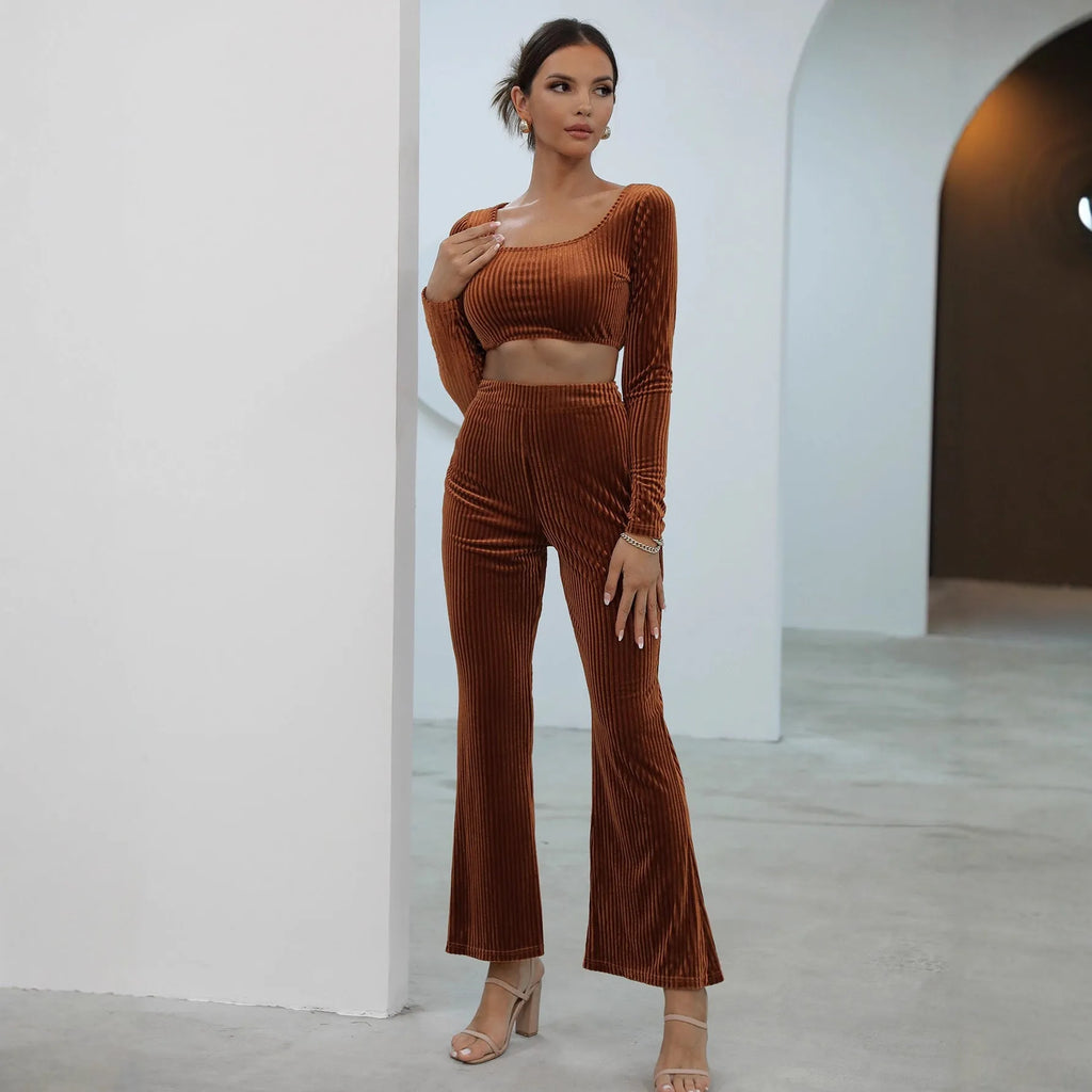 Caramel long sleeve sweater set with top and pants, polyester spandex blend, sizes S-XXXL