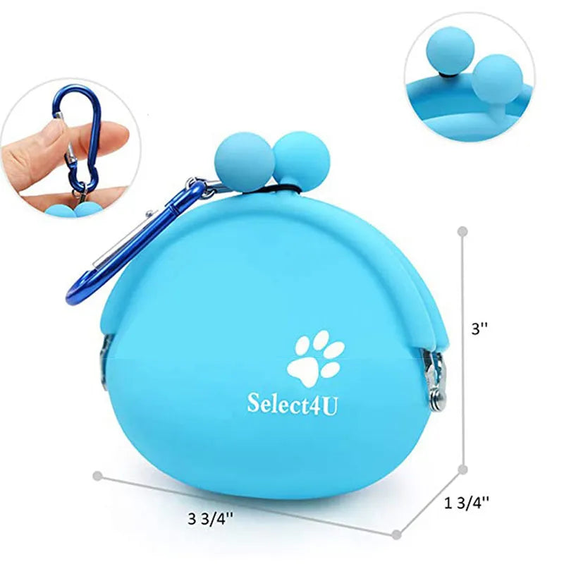 Yellow silicone dog treat bag with hook-and-loop waist attachment, measuring 9 by 9.5 cm