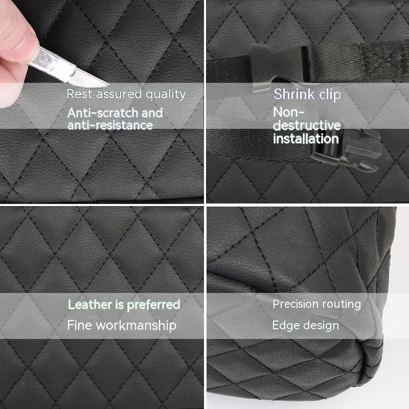 Black leather hanging car storage bag measuring 25x25x8cm attached to car headrest