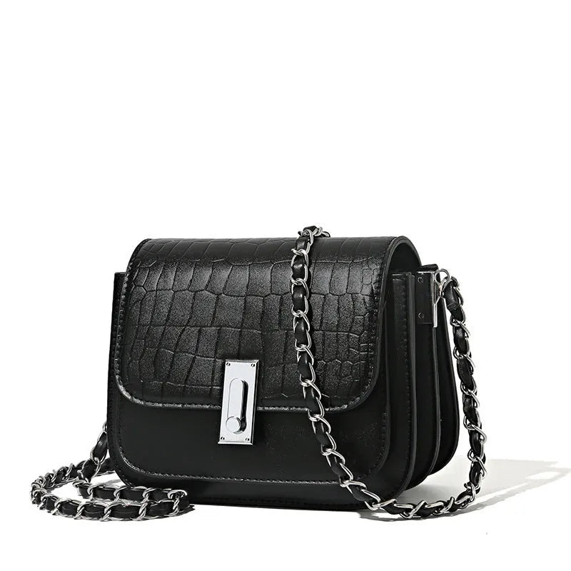 Women's black chain shoulder bag with cross-body strap and internal phone pocket, horizontal square shape