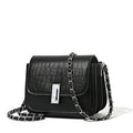 Women's black chain shoulder bag with cross-body strap and internal phone pocket, horizontal square shape