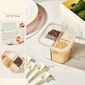 White rotating kitchen storage bucket with utensils next to a four-compartment spice box on a countertop.