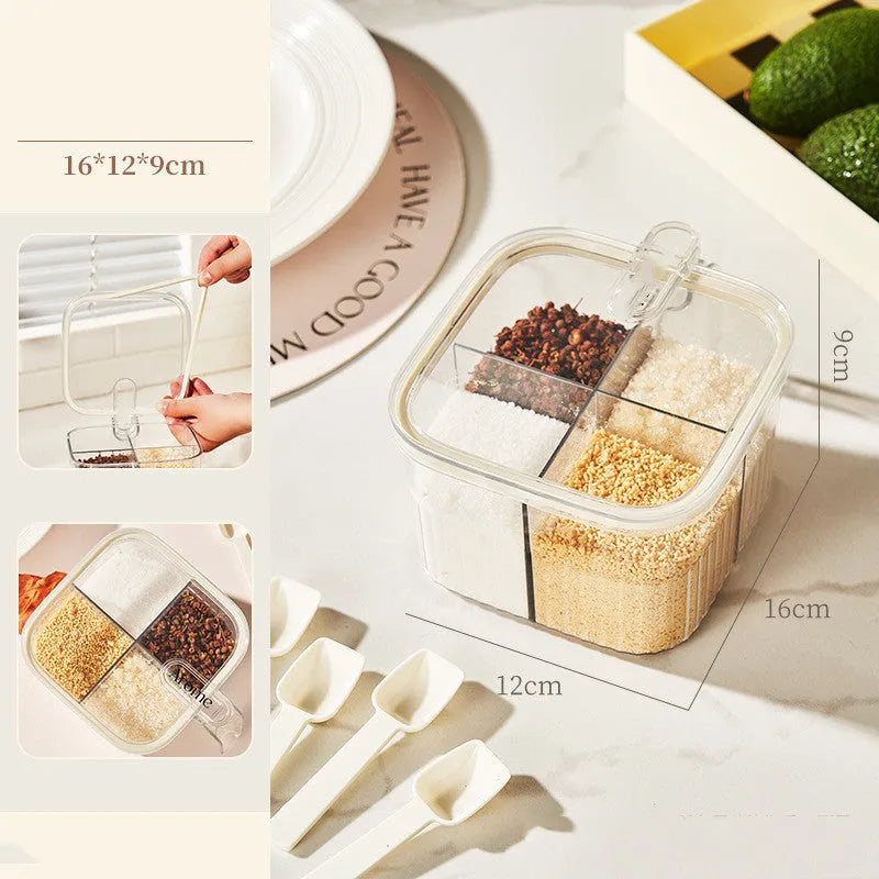 White rotating kitchen storage bucket with utensils next to a four-compartment spice box on a countertop.