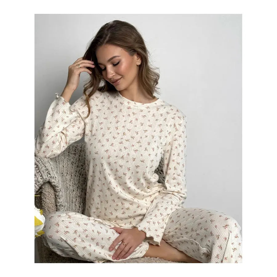 Women's white floral print bell sleeve top and wide leg trousers set for casual and home wear
