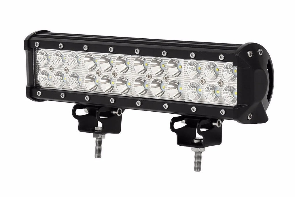 Black aluminium alloy dual row 72W LED roof light bar for off-road vehicles with a grille mount.
