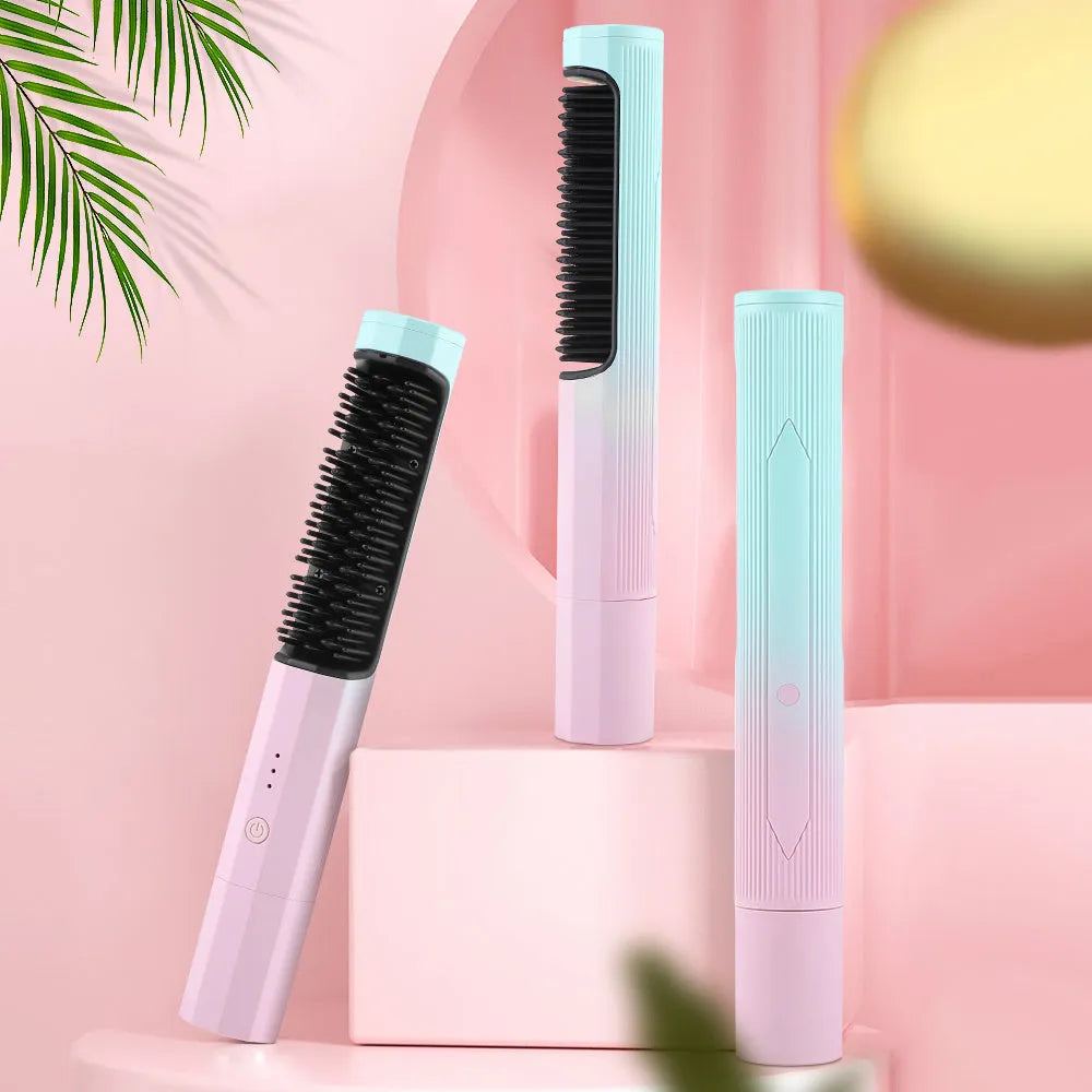 Pink wireless straightening comb with USB charging port and temperature buttons