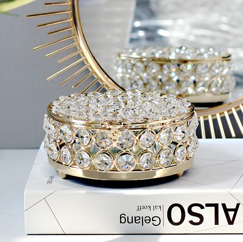 French gold jewellery box with crystal glass lid showing interior, measuring 15cm wide