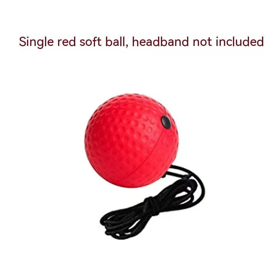 Head-mounted boxing reaction ball set showing multiple coloured PU balls, a rubber ball, and two headband options.
