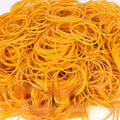 Yellow rubber bands in seven diameters from 16mm to 70mm, 500g pack for bundling and organising