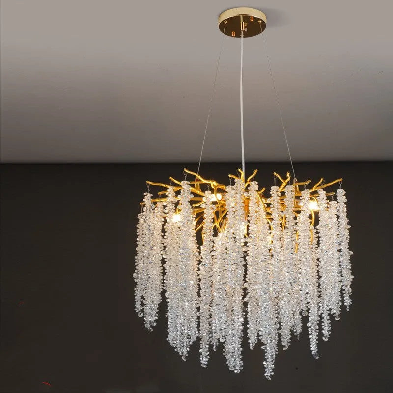 Crystal chandelier with adjustable height, LED light, and aluminium alloy body in round or long styles for large rooms